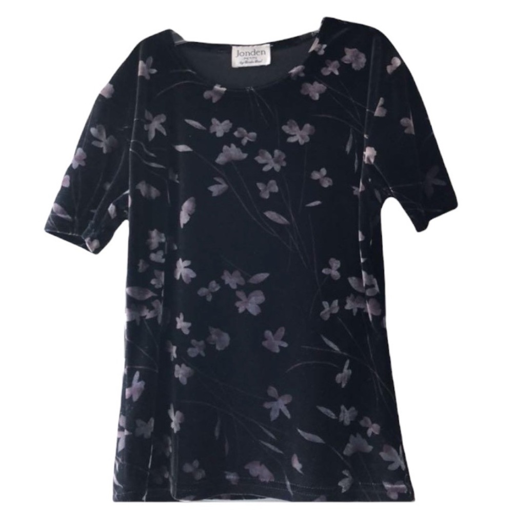 Linda Leal Jonden Ladies Black/Grey Floral Velvet top Petite Black Velour Blouse